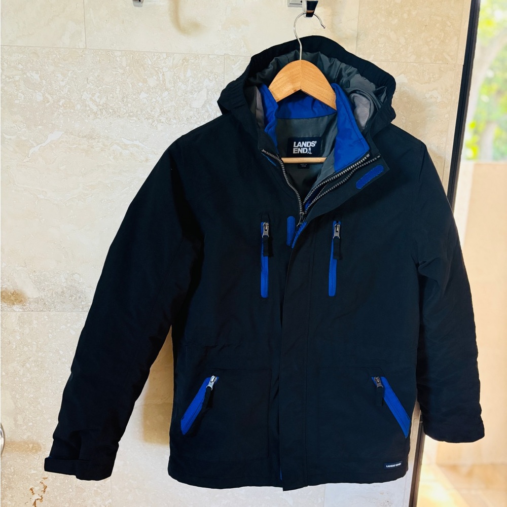 EUC Lands End Kids Squall 3 In 1 Jacket Black/Blue, size L (14-16) loft liner